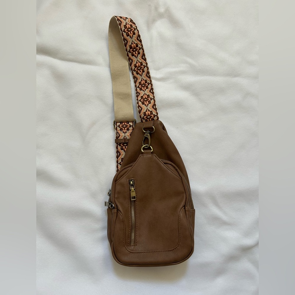 Brown Sling Bag with Patterned Strap
